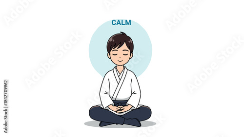 Serene meditation: peaceful cartoon character in traditional attire practicing mindfulness for inner calm