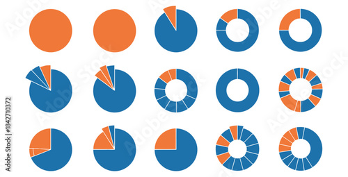 Collection of diverse blue and orange pie chart and donut chart variations for data visualization