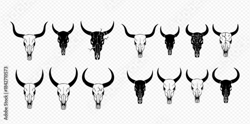 Set of various bull skulls with horns in black and white, depicting western and tribal styles.