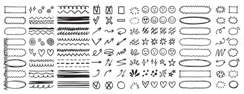 doodle underline emphasis scribble elements line hand drawn set. doodle brush shapes stroke highlight sparkle and arrow elements. childish drawing kids style.