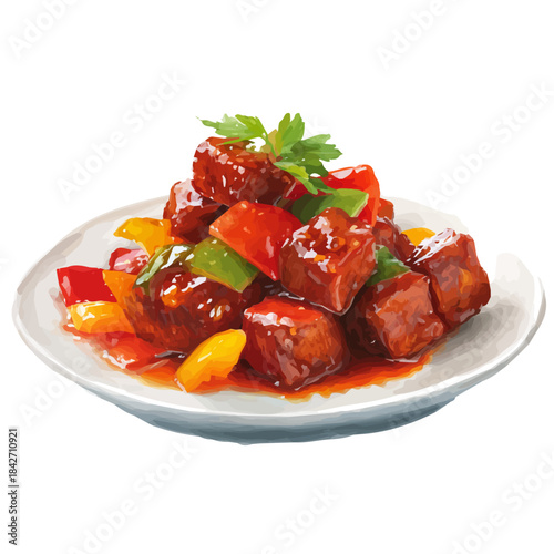 Isometric watercolor rendering of Sweet And Sour Pork, isolated on a clean white background.