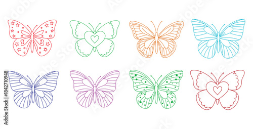 Eight colorful line art butterfly embroidery designs featuring hearts stars and polka dots for crafting