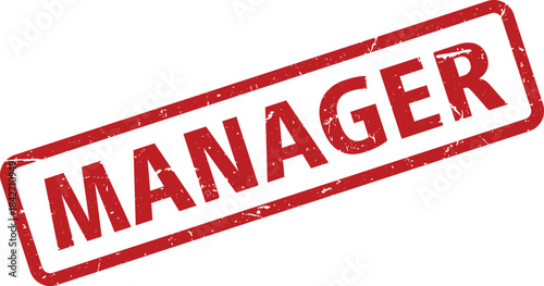 Red Distressed Manager Stamp Bold Sans Serif Font within Angled Rectangle Border on White