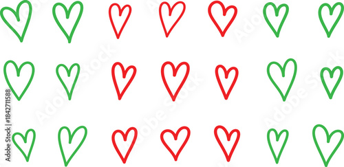 A collection of 20 hand drawn hearts in red and green on a white background