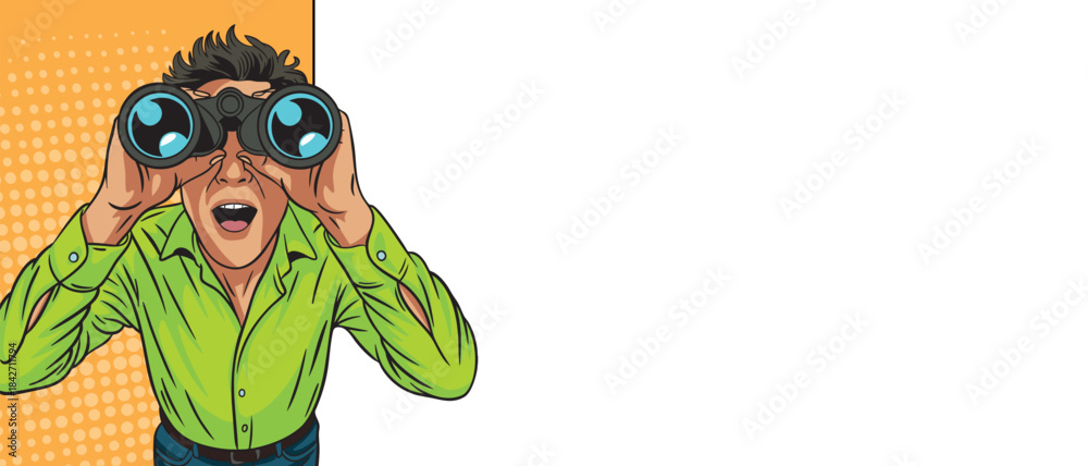 Fototapeta premium A pop art style guy looks through binoculars at a blank banner on a colored background