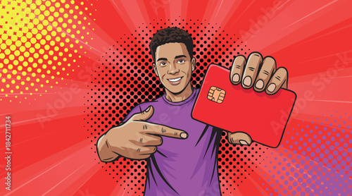 A pop art style guy points to a credit card on a colored background