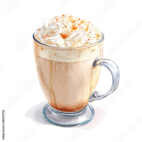 Isometric watercolor rendering of Vanilla Latte, isolated on a clean white background.
