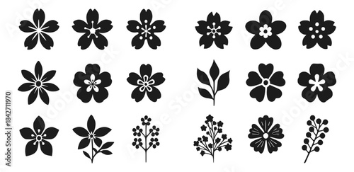 花やブロッサムをモチーフにしたシンプルなベクターアイコン素材。シルエット表現とモノクロデザインにより、ピクトグラムや装飾要素として幅広く使用できます。