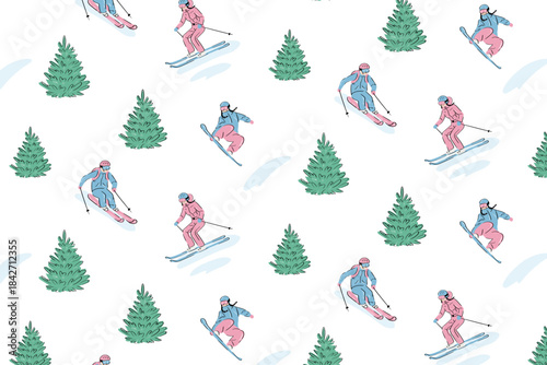 Pattern skiers against a background of pine trees is suitable for wallpaper, gift wrapping, holiday textiles and winter decor.