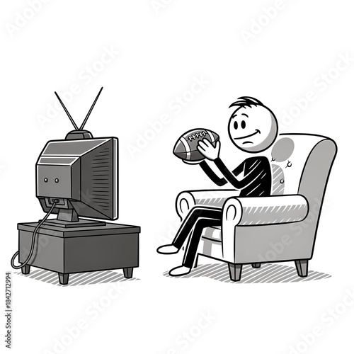 Stick Figure Watching Football on TV in Armchair.