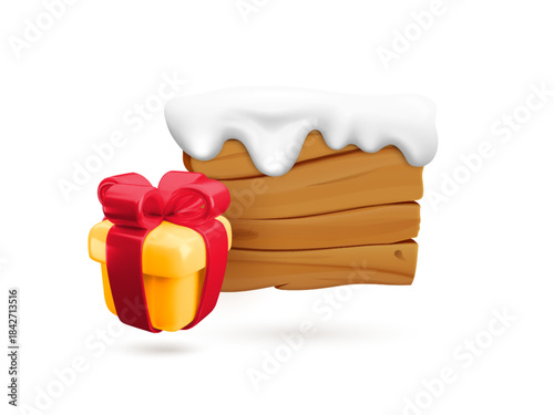 Vector cartoon 3d winter wooden sign post. Realistic 3d blank rectangle plaque with snow cap and Christmas gift. Wood texture empty festive holiday signboard for game, timber pointer, app, decor.