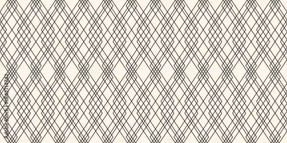 Naklejka premium Black and white geometric line pattern. Vector linear seamless ornament with grid, thin lines, lattice. Abstract minimal outline background. Monochrome texture. Repeating geo design for decor, print
