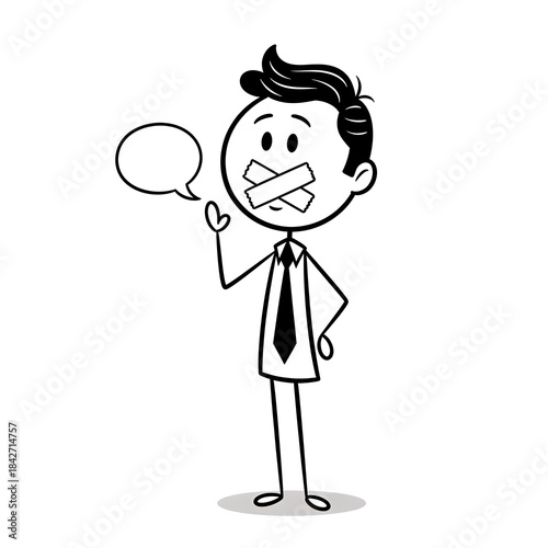 Stick Figure with Tape Over Mouth and Speech Bubble.