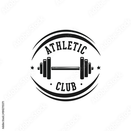 A flat 2D vector illustration of a vintage athletic emblem with a barbell and bold lines stands prominently against a clean white background, symbolizing power and classic sportsmanship.