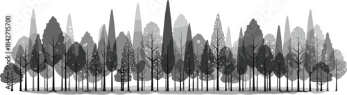 Monochrome forest landscape with stylized trees in varying shades of gray Keywords: forest, trees, monochrome, gray, black and