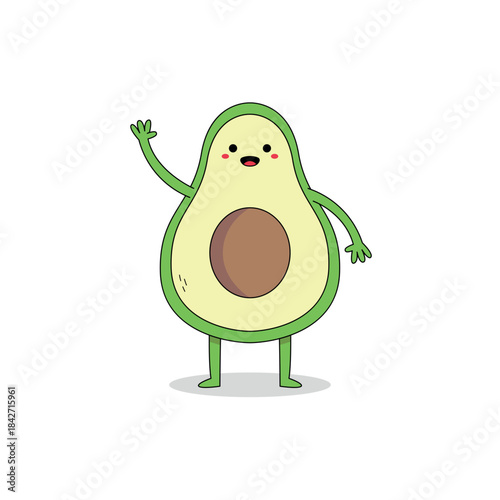 Cute avocado fruit slice cartoon character waving hand hi doodle
