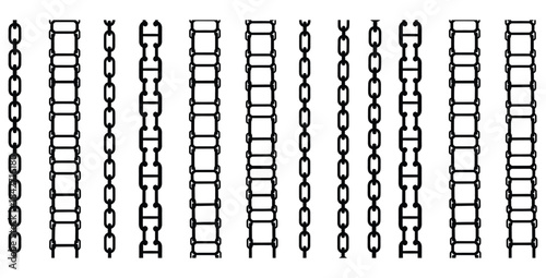 Collection of various black and white industrial and decorative chain link patterns isolated on white background