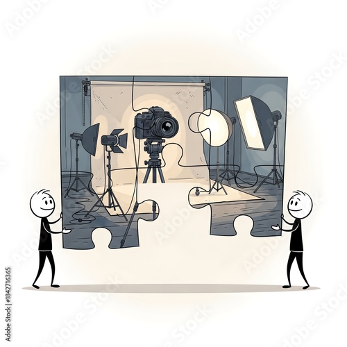 Stick figures completing a puzzle of a photography studio setup.