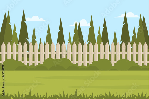 Back yard with green lawn, fence and trees. Outdoor cartoon backyard background in flat style. Vector stock