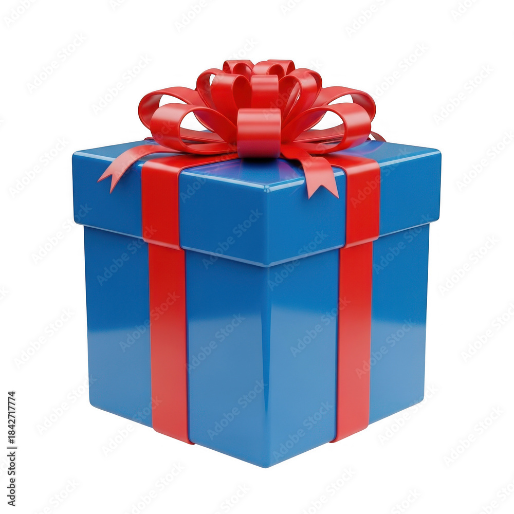 Fototapeta premium Blue gift box with red bow isolated on transparent background