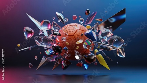Exploding soccer ball with scattered fragments of colorful glass and reflective elements | handball,  sports,  object,  equipment,  minimal.