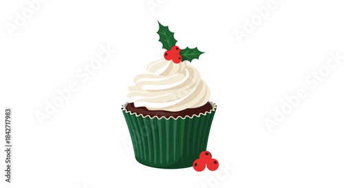 A delicious festive cupcake decorated with white frosting holly berries and green leaves.