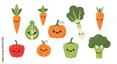 A charming collection of adorable kawaii style cartoon vegetables with happy faces.