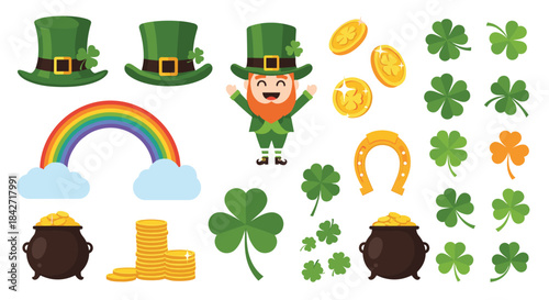 St patrick's day themed vector elements including leprechauns shamrocks and rainbows.