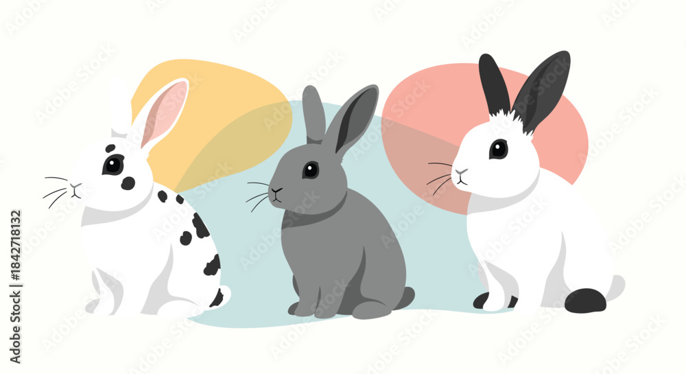 Obraz premium Charming illustration of three cute rabbits in different colors and breeds sitting together against a backdrop of modern abstract shapes.