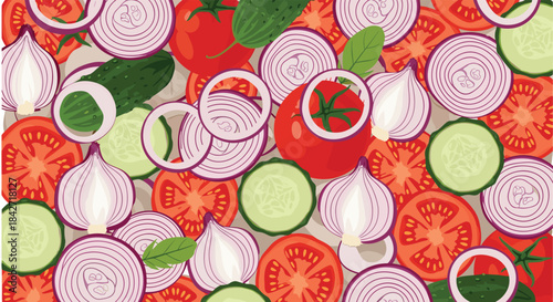 Fresh and healthy food background featuring a vibrant pattern of sliced red tomatoes, green cucumbers, purple onions, and basil leaves.
