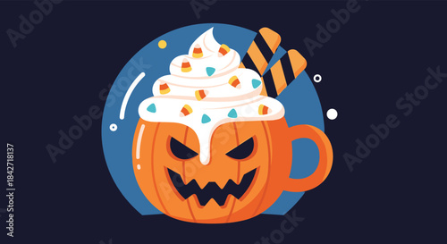 Spooky Halloween pumpkin mug with a scary face, filled with whipped cream, candy corn, and wafer straws against a dark blue background.