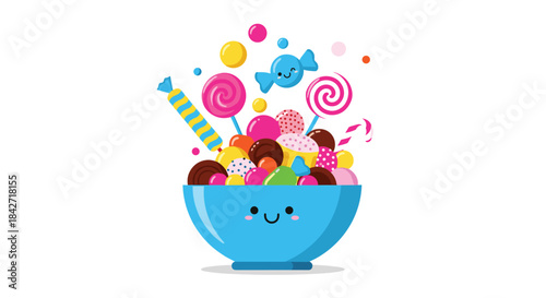 Cute smiling blue bowl overflowing with a vibrant assortment of colorful candies, lollipops, and chocolates on a white background.