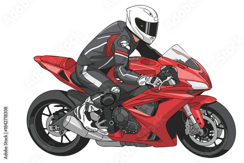 A cartoon racer in full gear rides a red sports motorcycle