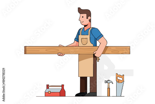 Cartoon carpenter holding wood with tools around him