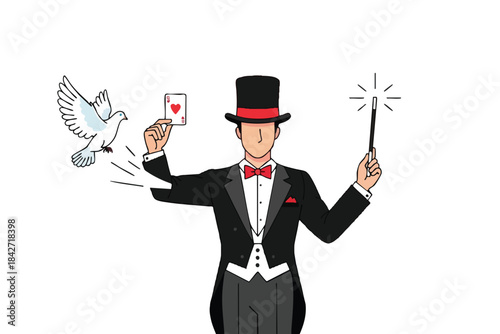 A magician in suit, top hat, card, wand, and a dove against a white background