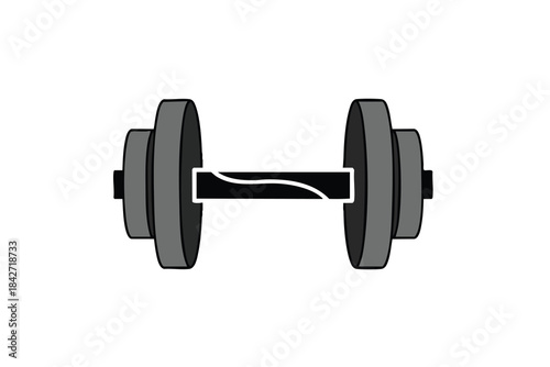 A stylized dumbbell with gray weight plates and a curved design on the handle