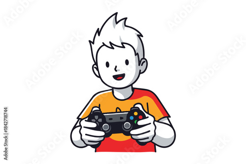 Cartoon boy with spiky white hair, smiles while holding a gaming controller