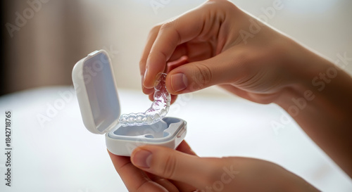Taking a clear dental aligner out of its storage case