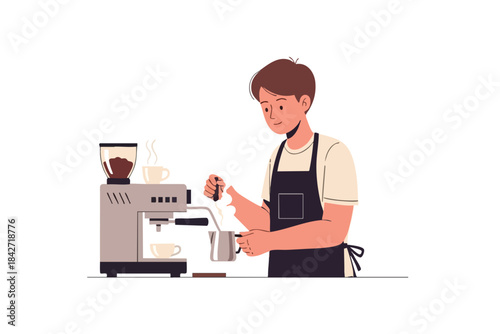 A barista steams milk at an espresso machine. Steam rises from a cup