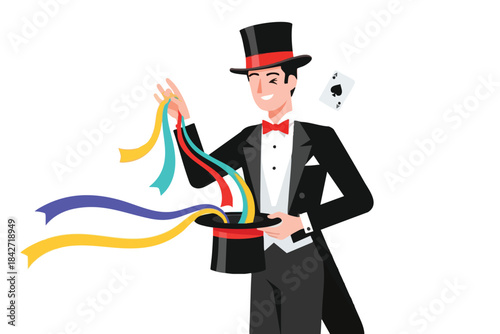 A magician, with top hat, tuxedo, and ribbons performs a trick