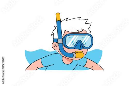 Cartoon swimmer in blue with snorkel gear. Hair is white, skin tone is peach