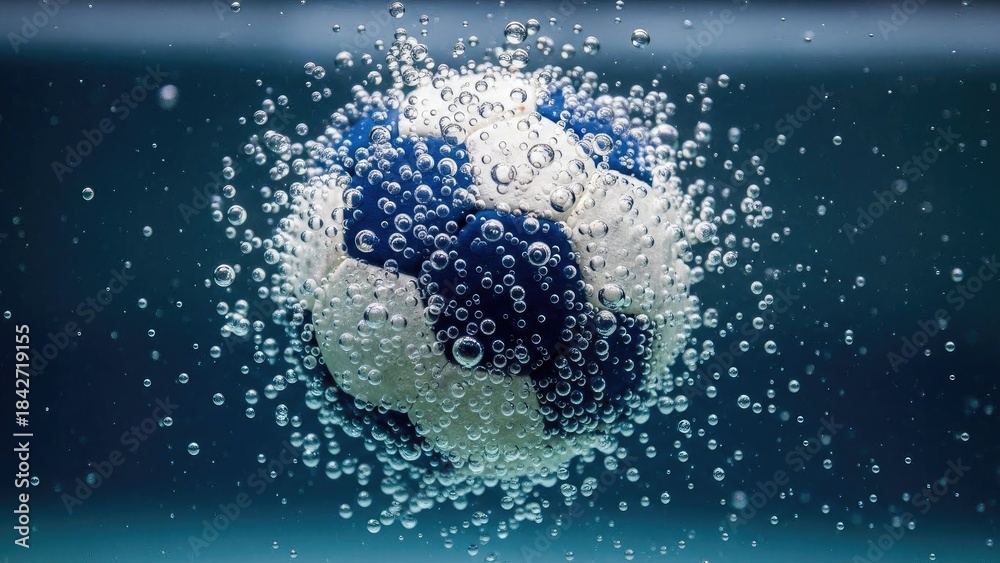 Obraz premium Blue and white patterned ball submerged in water surrounded by numerous bubbles | handball, sports, object, equipment, minimal.