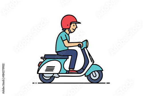 A cartoon person on a teal scooter wearing a red helmet smiles
