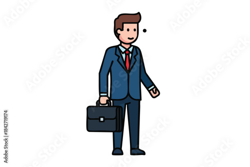 Cartoon of a suited businessman holding a briefcase, thinking with a dot