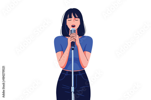 Illustration of a woman singing into a microphone, hands on the mic, closed eyes
