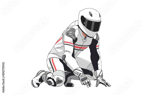 A racer in a white suit, kneeling, hands on ground, looking downward, black visor