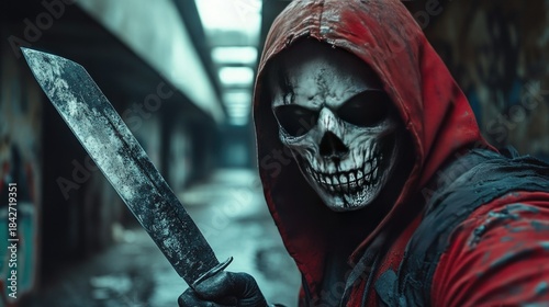 A menacing figure in a dark hoodie wearing a skull mask, holding a large knife in a dimly lit, graffiti-covered corridor