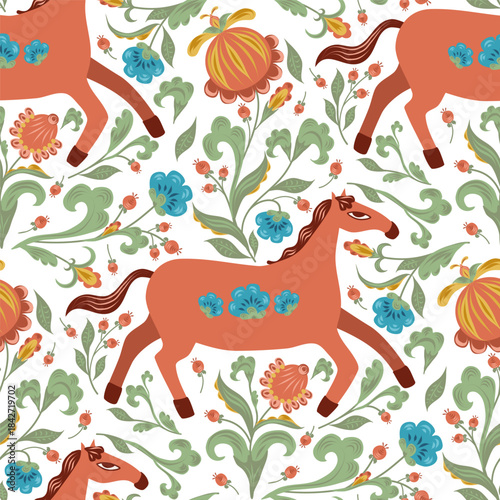 Red horse with folk decorative flowers in seamless pattern. Vector hand drawn flat illustration. Stylish design for clip art, diaries and planners decorated, stickers, greeting cards and banners.