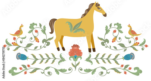 Yellow horse with folk decorative flowers and birds. Vector hand drawn flat silhouette illustration. Stylish design for clip art, diaries and planners decorated, stickers, greeting cards and banners.