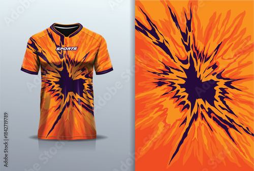T-shirt mockup abstract texture grunge water sport jersey design for football, soccer, racing, esports, running, orange black color